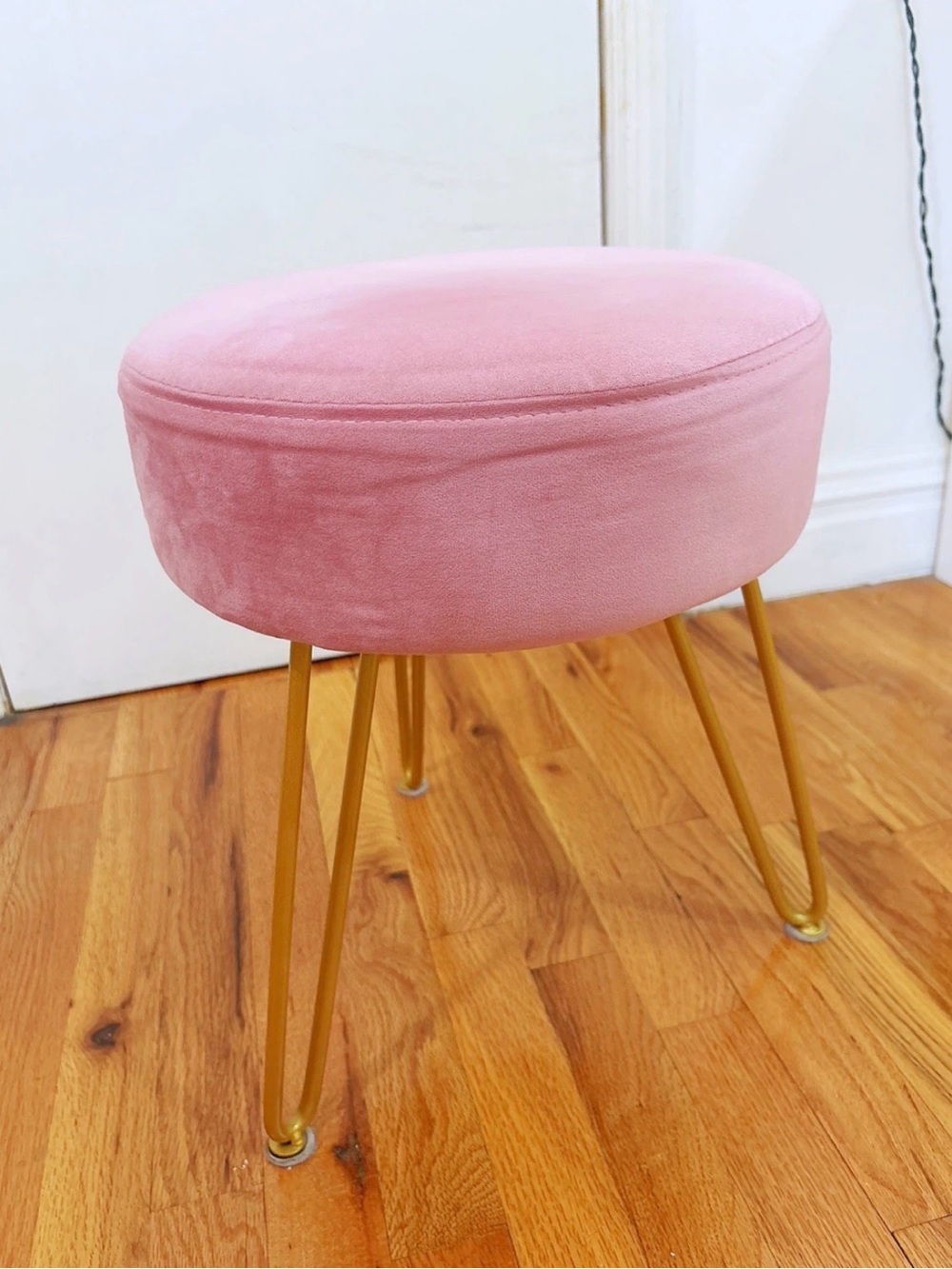 Pink Velvet Round Stool with Gold Legs
